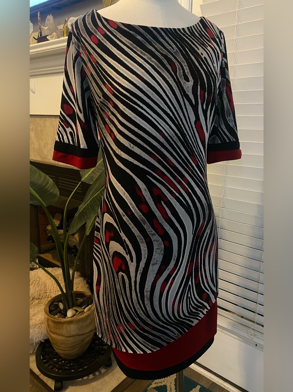 Madison Leigh Abstract Zebra-Print Boatneck Dress with Red Accents